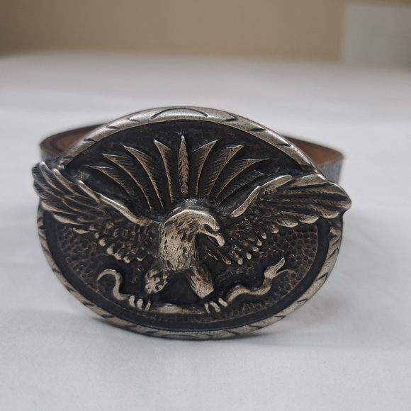 Eagle Belt Buckle Made in Italy with Leather Brown Belt 36in Vintage - Picture 12 of 13